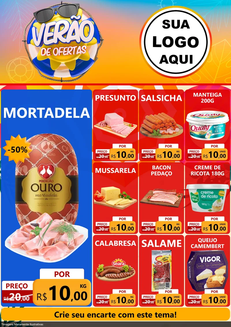 Modelo de Encarte para Encarte A4 Vertical com o tema Verão de Ofertas para Frios e Laticínios