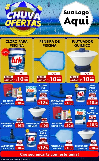 Modelo de Encarte para Encarte Grande com o tema Chuva de Ofertas para Produtos para Piscina