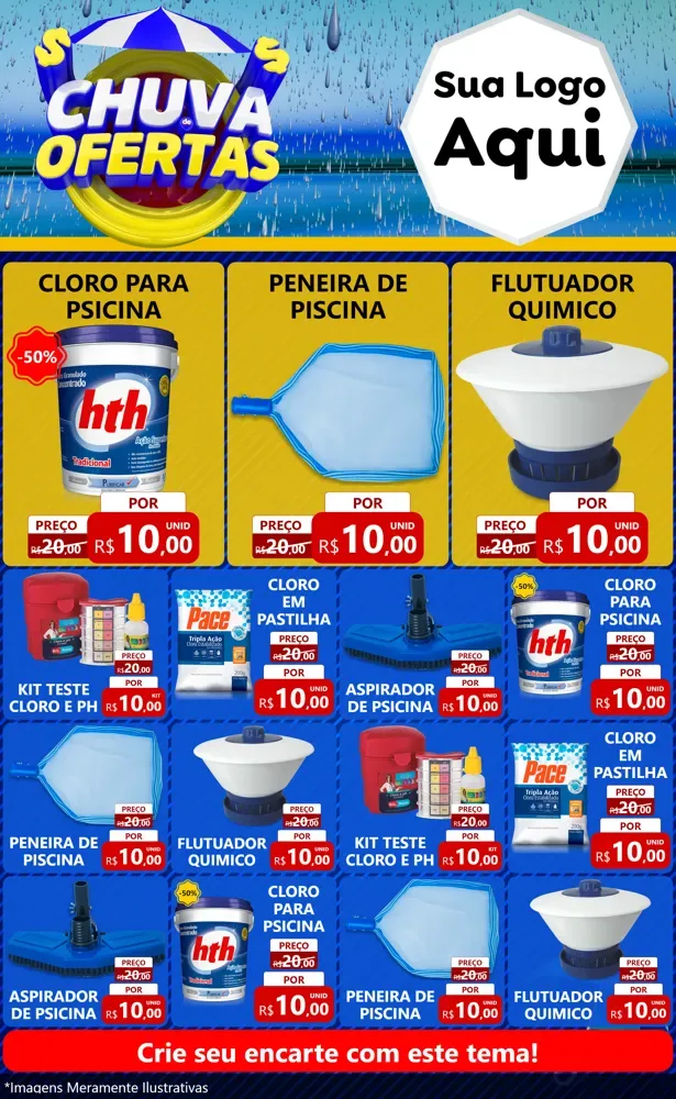 Modelo de Encarte para Encarte Grande com o tema Chuva de Ofertas para Produtos para Piscina