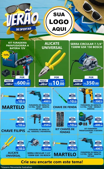 Modelo de Encarte para Encarte Grande com o tema Verão de Ofertas para Maquinas e Ferramentas