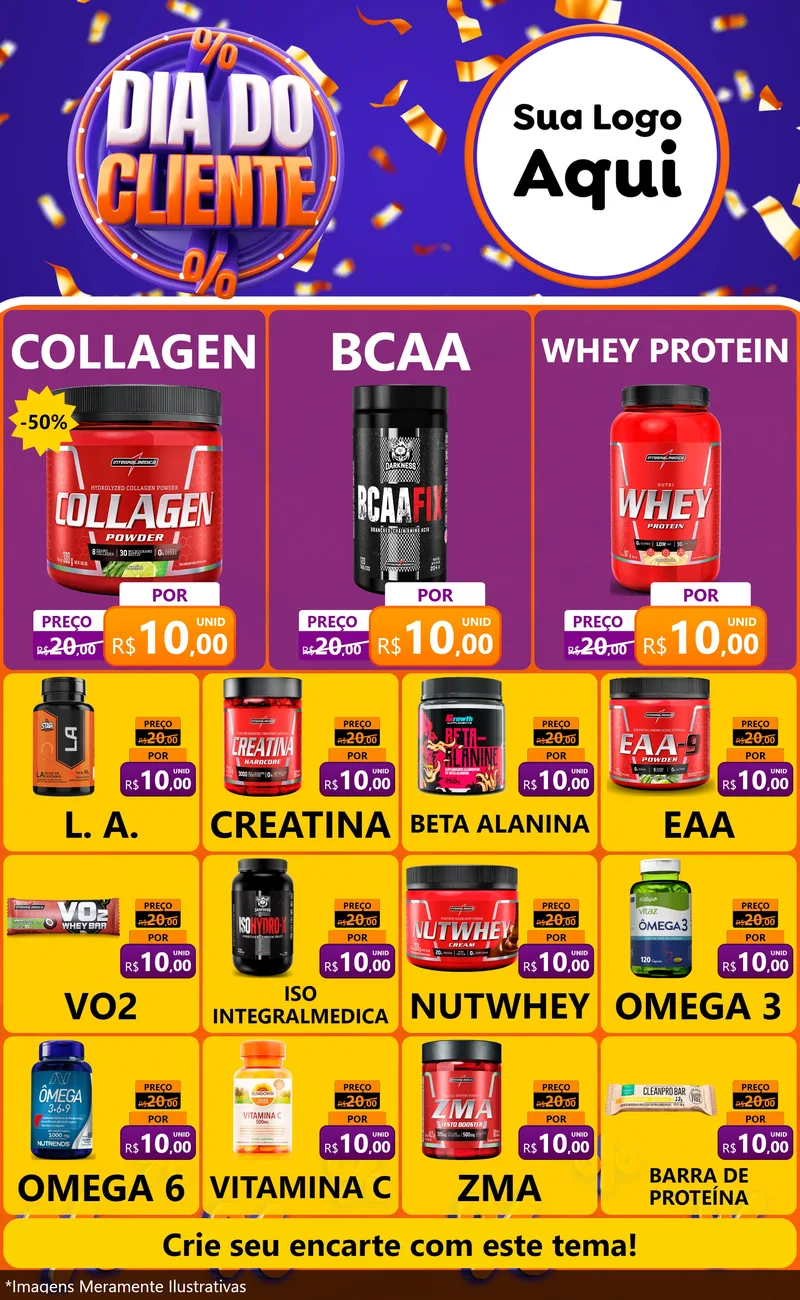 Modelo de Encarte para Encarte Grande com o tema Dia do Cliente para Suplementos alimentares