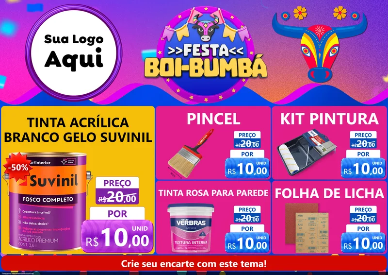 Modelo de Encarte para Encarte A4 Horizontal com o tema Festa Boi-Bumbá para Tintas e Ferramentas