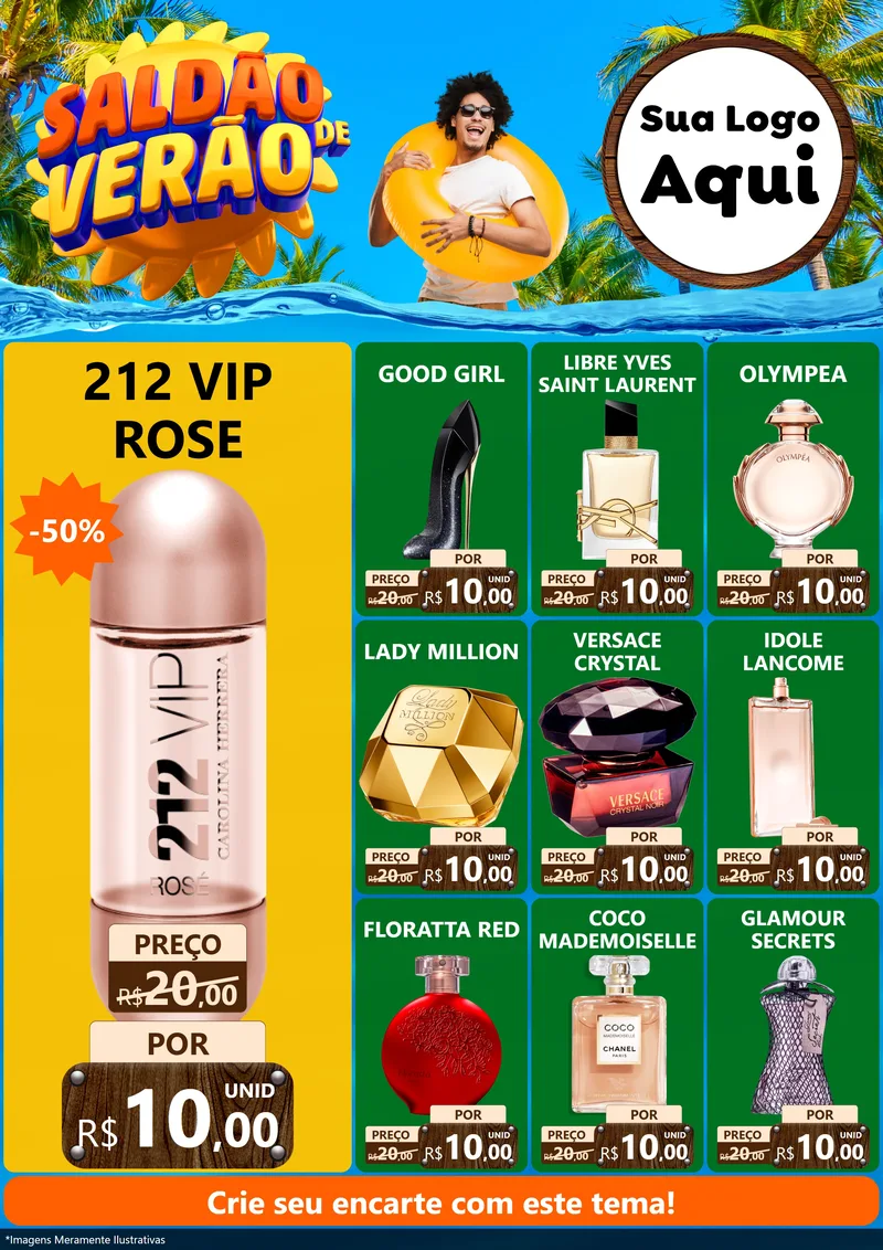 Modelo de Encarte para Encarte A4 Vertical com o tema Saldão de Verão para Perfumes