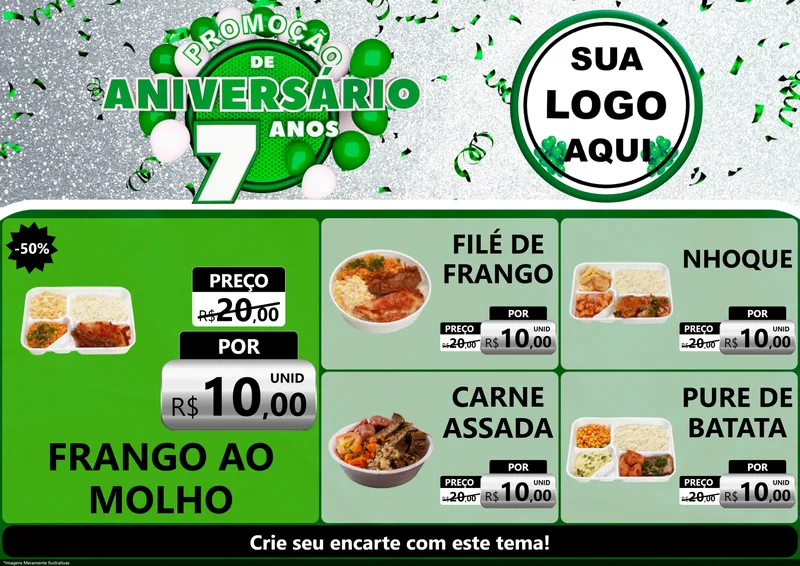 Modelo de Encarte para Encarte A4 Horizontal com o tema Promoção de Aniversário - 7 Anos para Restaurante
