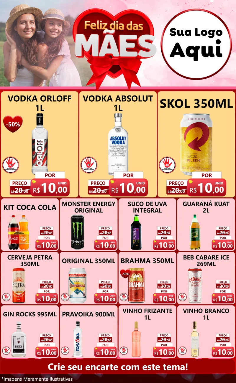 Modelo de Encarte para Encarte Grande com o tema Feliz Dia Das Mães para Distribuidora de bebidas