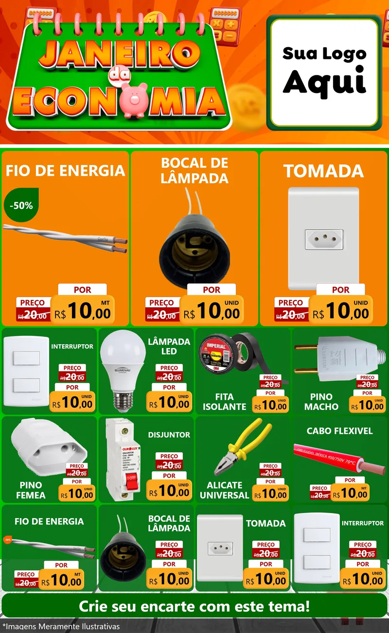 Modelo de Encarte para Encarte Grande com o tema Janeiro da Economia para Materiais Elétricos