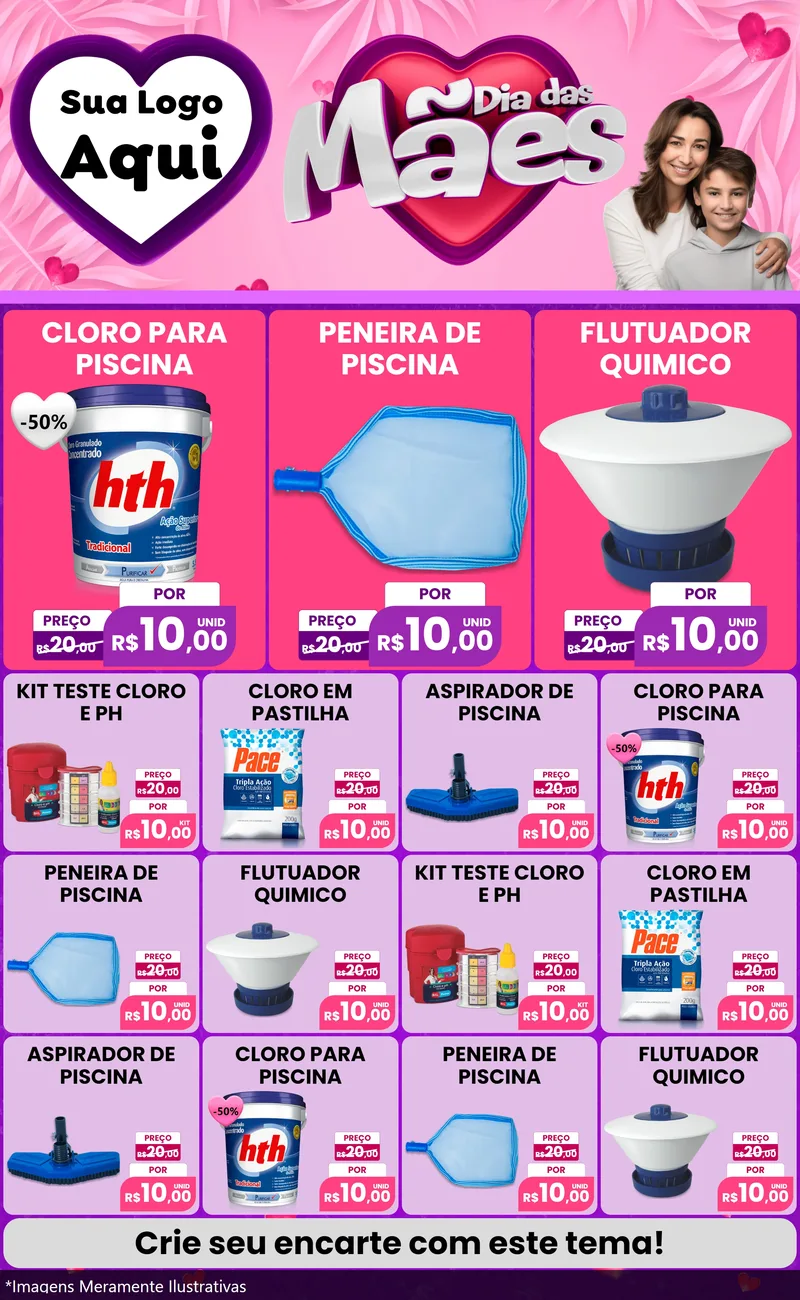 Modelo de Encarte para Encarte Grande com o tema Dia das Mães para Produtos para Piscina