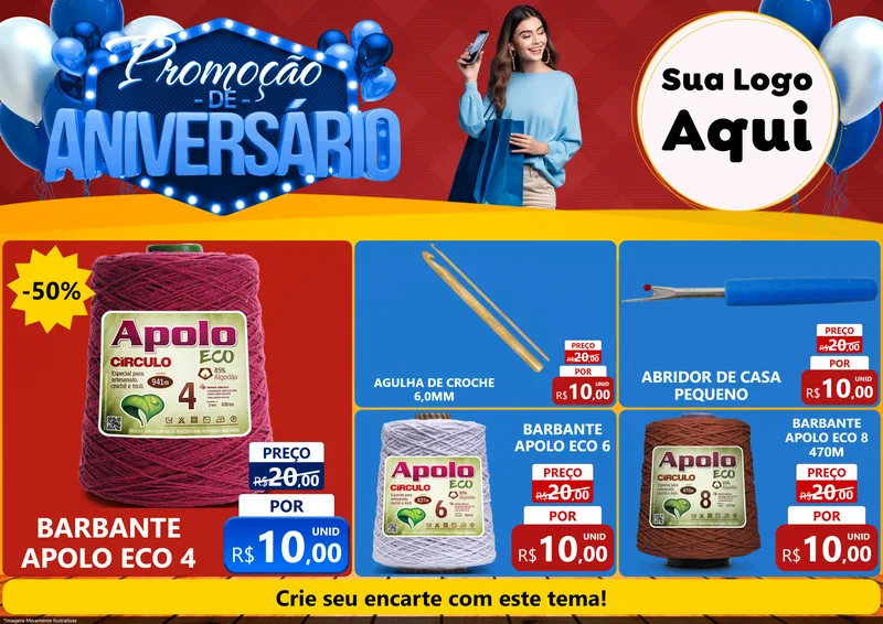 Modelo de Encarte para Encarte A4 Horizontal com o tema Promoção de Aniversário para Armarinho e Aviamentos