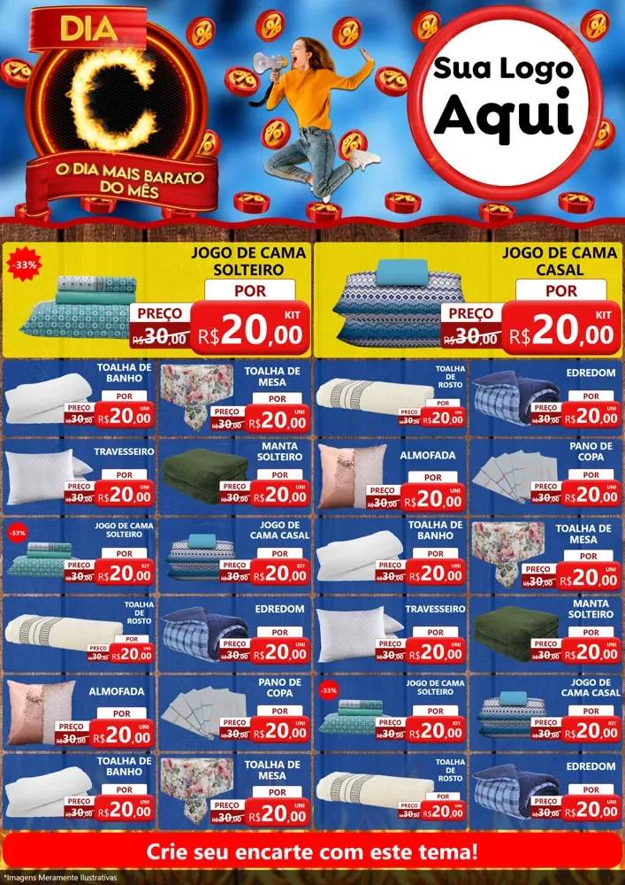 Modelo de Encarte para Encarte A4 Vertical com o tema Dia C - O Dia Mais Barato Do Mês para Cama, Mesa e Banho