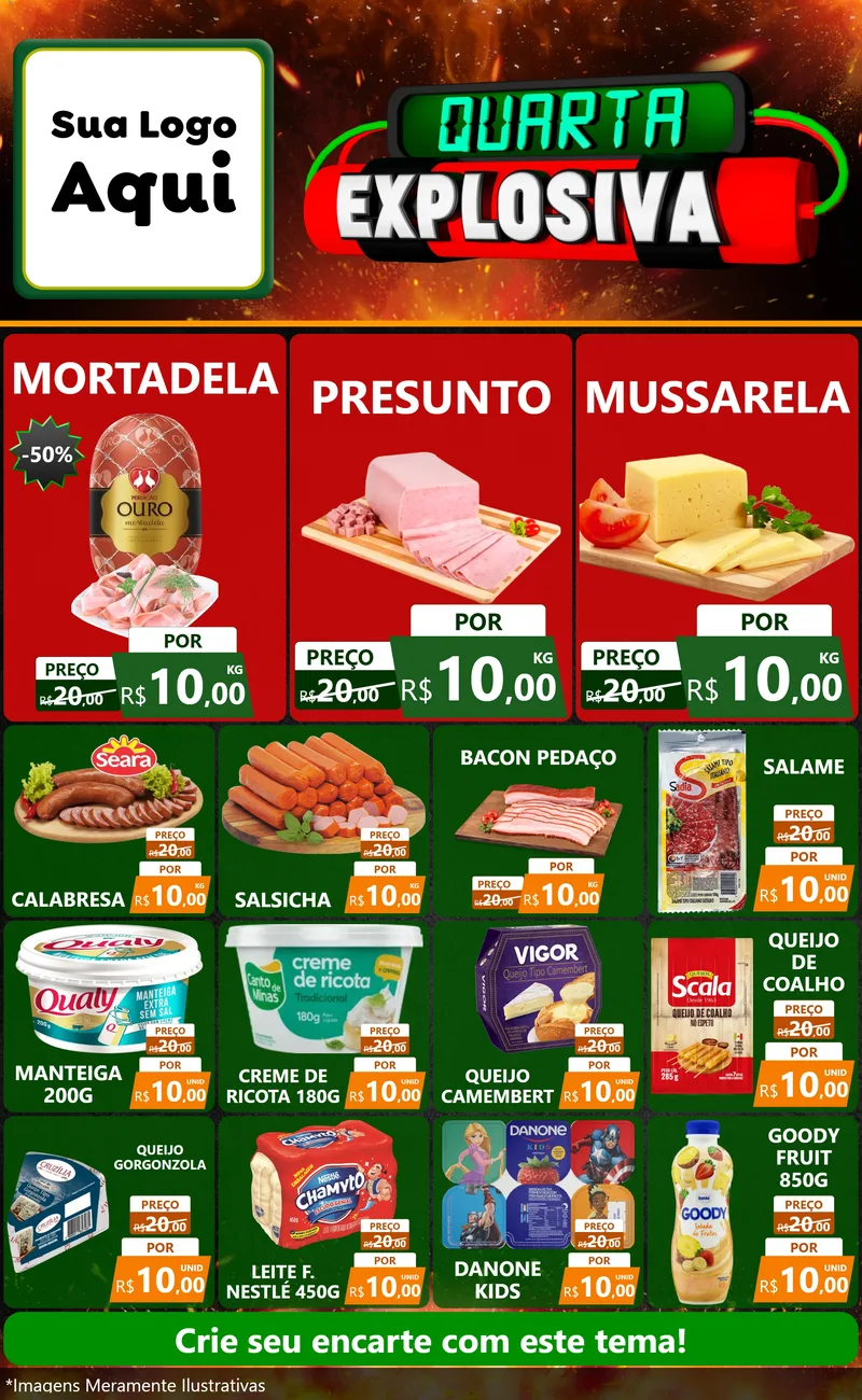Modelo de Encarte para Encarte Grande com o tema Quarta Explosiva para Frios e Laticínios