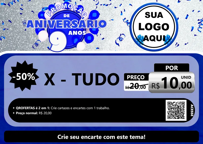 Modelo de Cartaz para Cartaz A4 Horizontal com o tema Promoção de Aniversário - 9 Anos para Hamburgueria
