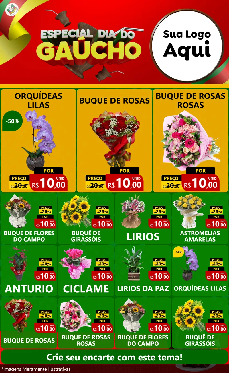 Modelo de Encarte para Encarte Grande com o tema Especial Dia do Gaúcho para Floricultura e jardim