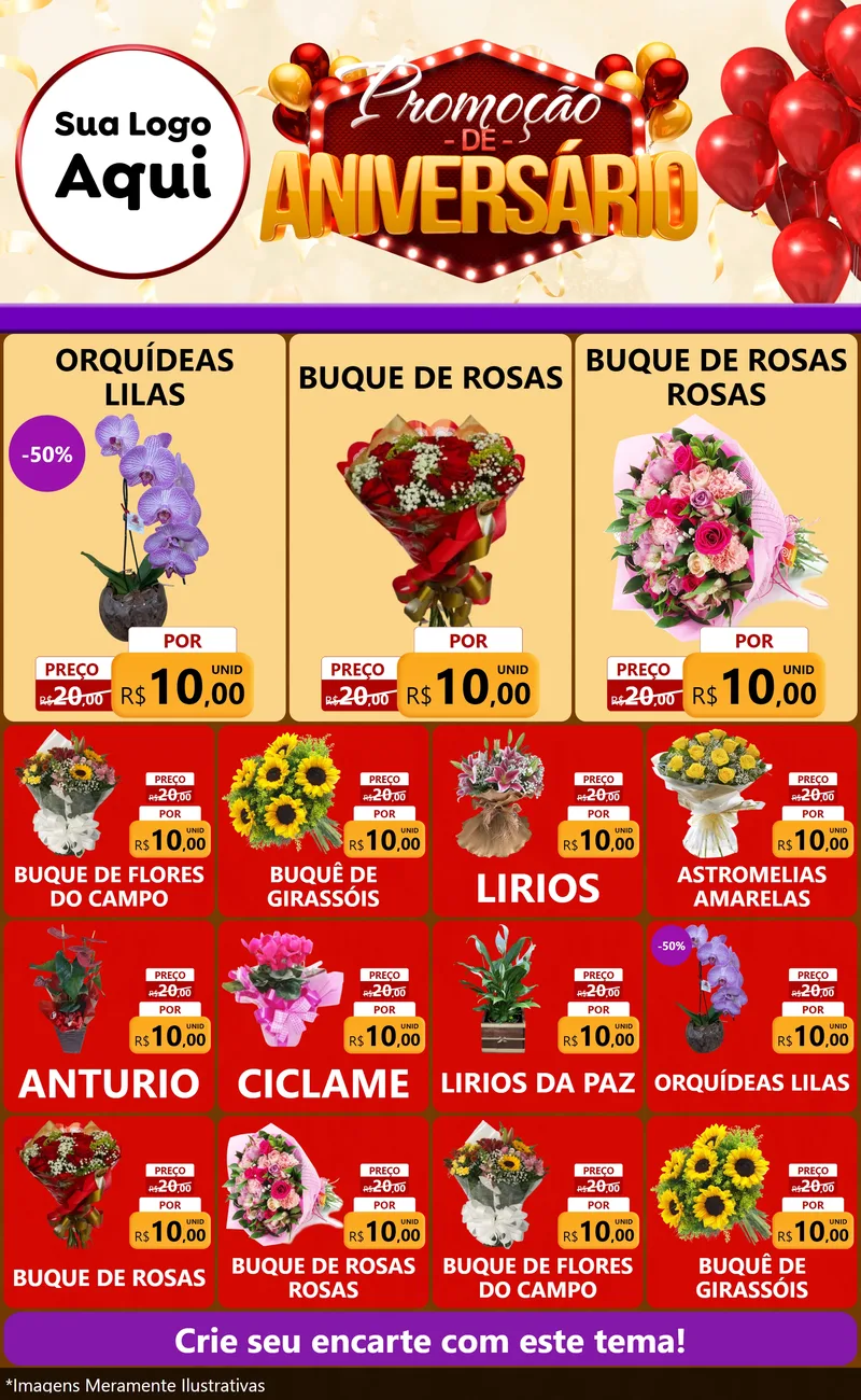 Modelo de Encarte para Encarte Grande com o tema Promoção de Aniversário para Floricultura e jardim
