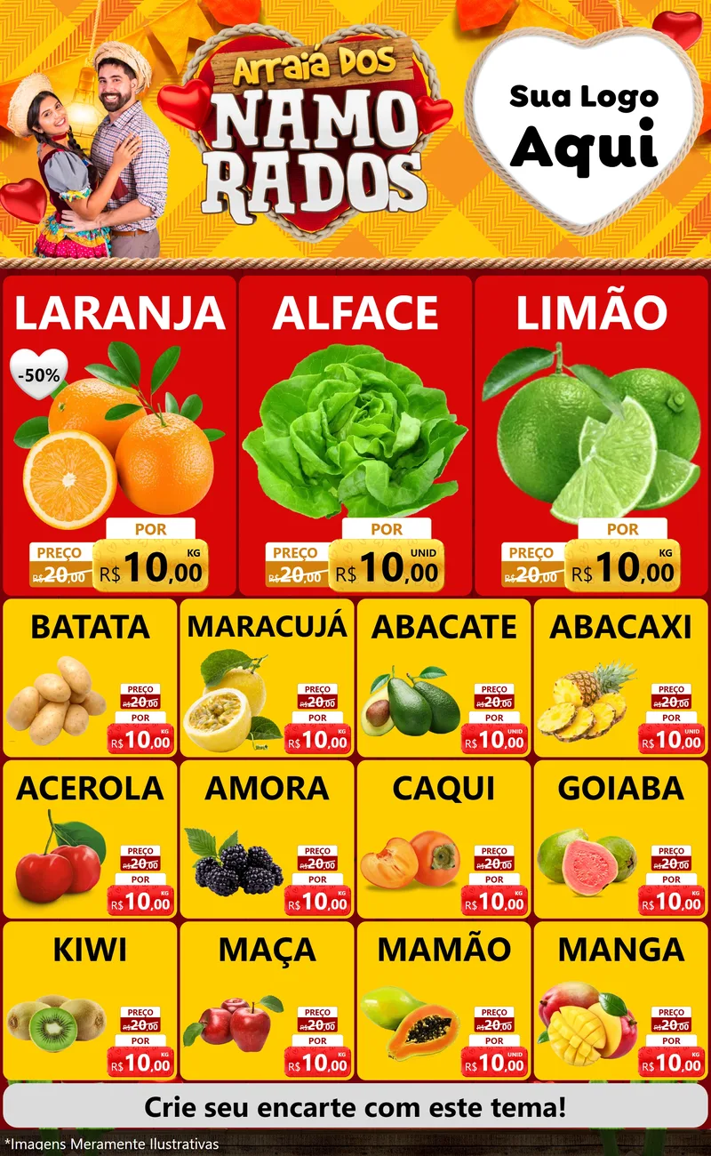 Modelo de Encarte para Encarte Grande com o tema Arraiá dos Namorados para Hortifrúti
