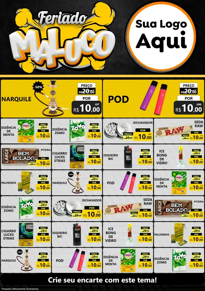 Modelo de Encarte para Encarte A4 Vertical com o tema Feriado Maluco para Tabacaria