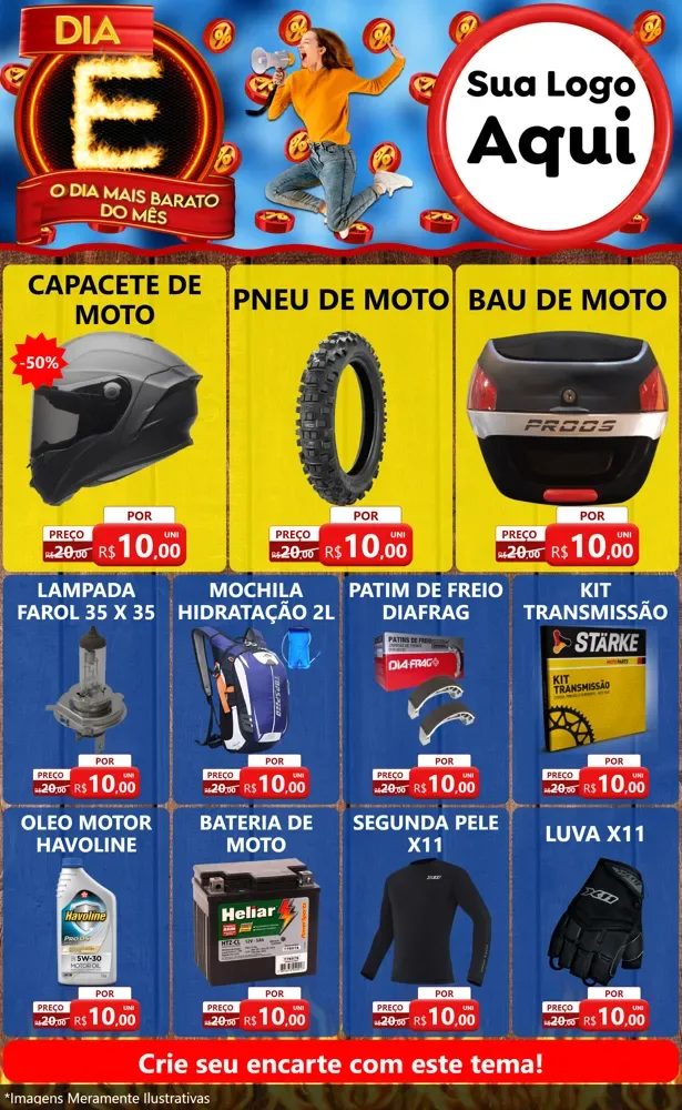 Modelo de Encarte para Encarte Grande com o tema Dia E - O Dia Mais Barato Do Mês para Moto peças