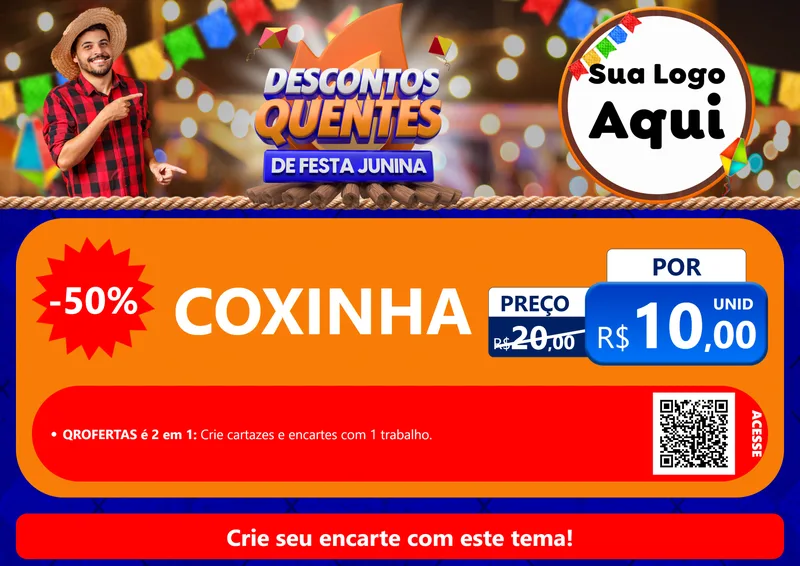 Modelo de Cartaz para Cartaz A4 Horizontal com o tema Descontos Quentes de Festa Junina para Salgadaria