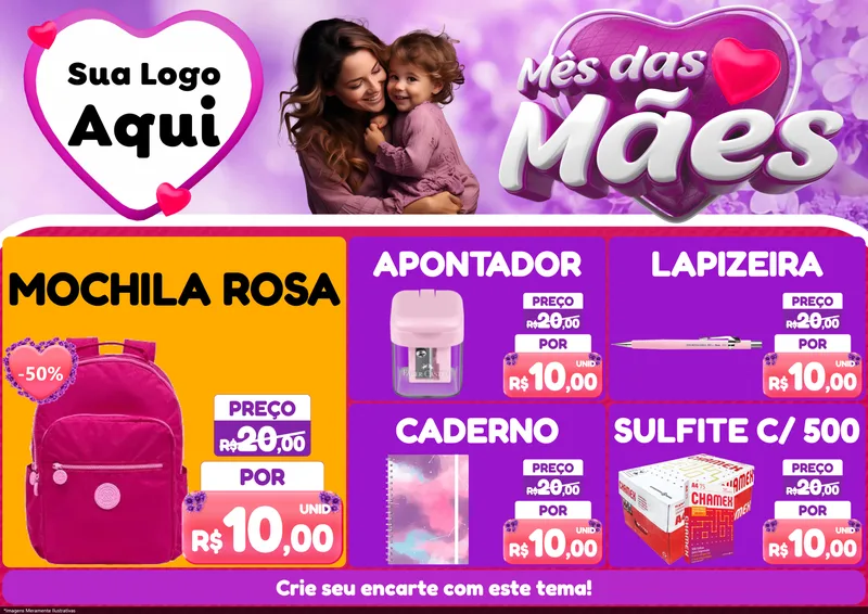 Modelo de Encarte para Encarte A4 Horizontal com o tema Mês das Mães para Papelaria