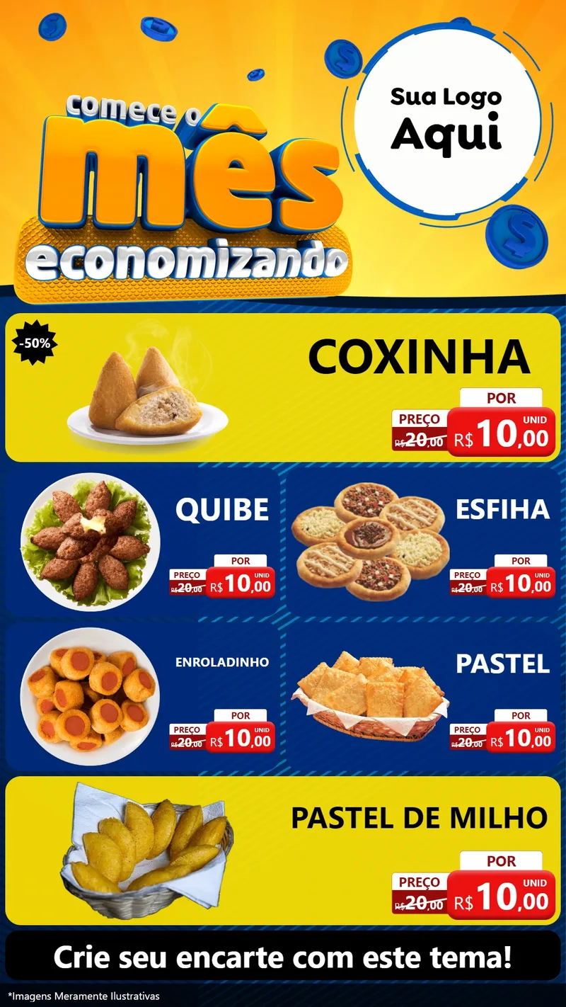 Modelo de TV para TV Vertical com o tema Comece O Mês Economizando para Salgadaria