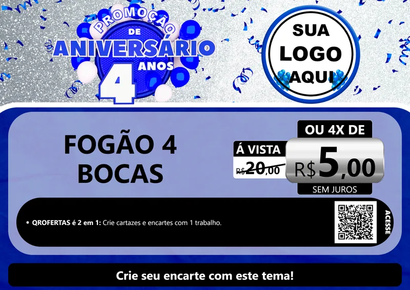 Modelo de Cartaz para Cartaz A4 Horizontal com o tema Promoção de Aniversário - 4 Anos para Móveis e Eletro