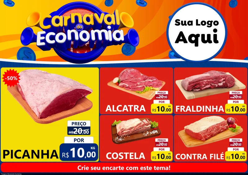 Modelo de Encarte para Encarte A4 Horizontal com o tema Carnaval da Economia para Açougue