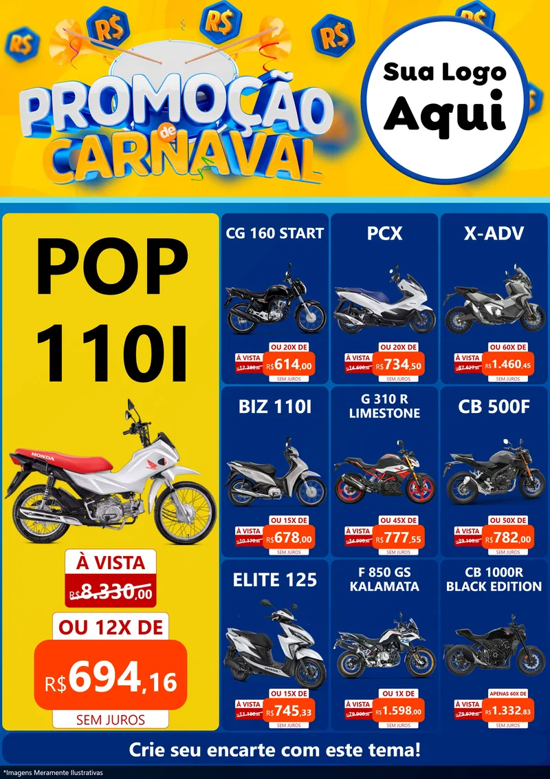 Modelo de Encarte para Encarte A4 Vertical com o tema Promoção de Carnaval para Concessionaria de Motos