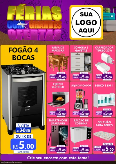 Modelo de Encarte para Encarte A4 Vertical com o tema Férias com Grandes Ofertas para Móveis e Eletro