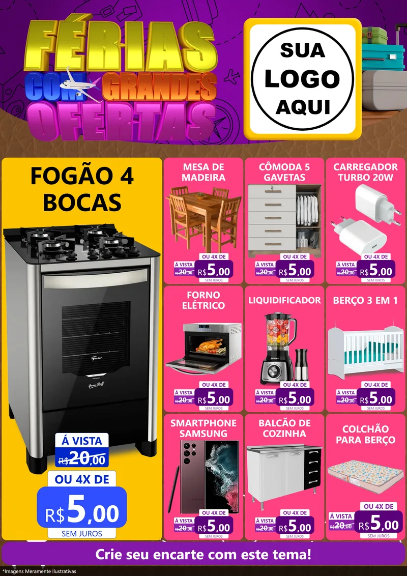 Modelo de Encarte para Encarte A4 Vertical com o tema Férias com Grandes Ofertas para Móveis e Eletro