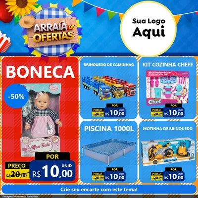 Modelo de Rede Social para Feed Facebook com o tema Arraiá de Ofertas para Brinquedos