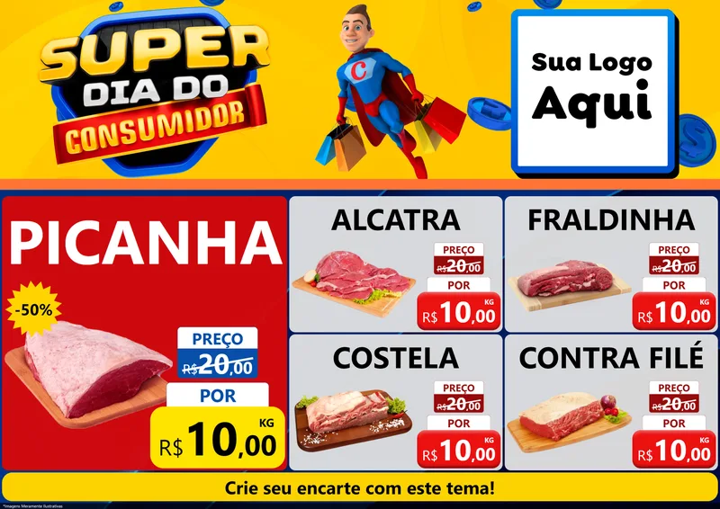 Modelo de Encarte para Encarte A4 Horizontal com o tema Super Dia do Consumidor para Açougue