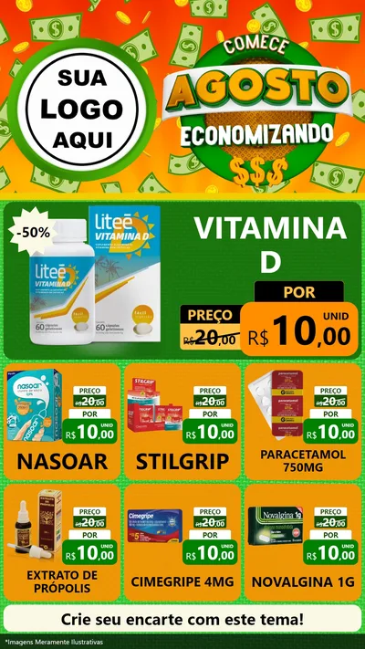 Modelo de Rede Social para Stories com o tema Comece Agosto Economizando para Farmácia