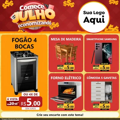 Modelo de Rede Social para Feed Facebook com o tema Comece Julho Economizando para Móveis e Eletro