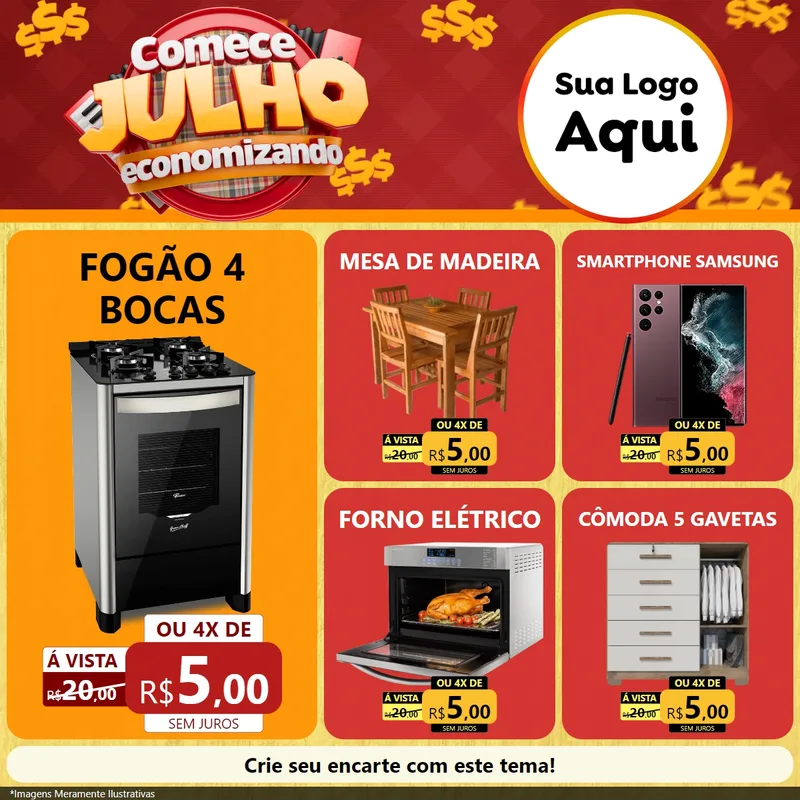 Modelo de Rede Social para Feed Facebook com o tema Comece Julho Economizando para Móveis e Eletro