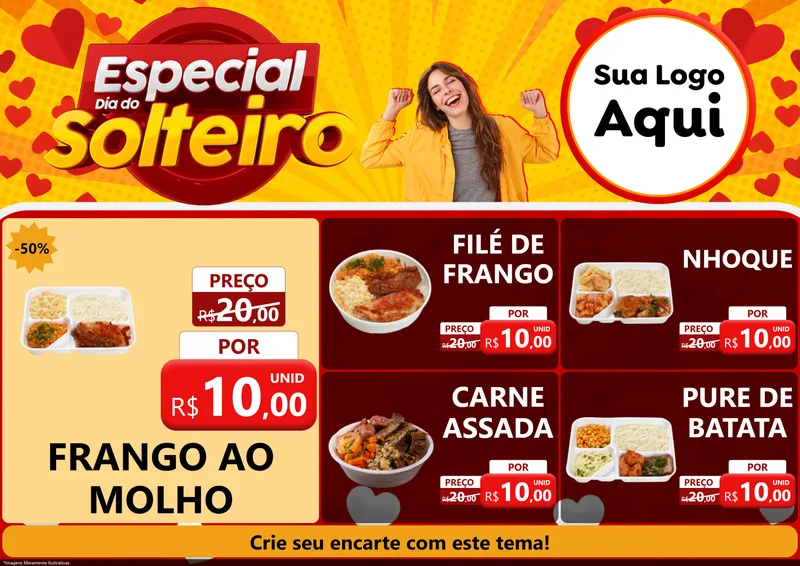 Modelo de Encarte para Encarte A4 Horizontal com o tema Especial Dia do Solteiro para Restaurante