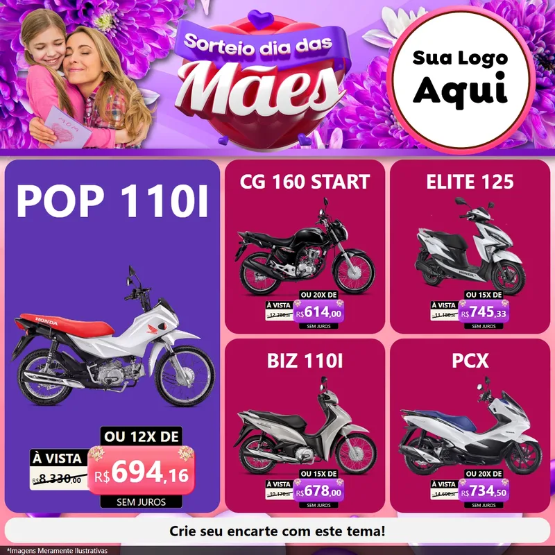 Modelo de Rede Social para Feed Facebook com o tema Sorteio Dia das Mães para Concessionaria de Motos