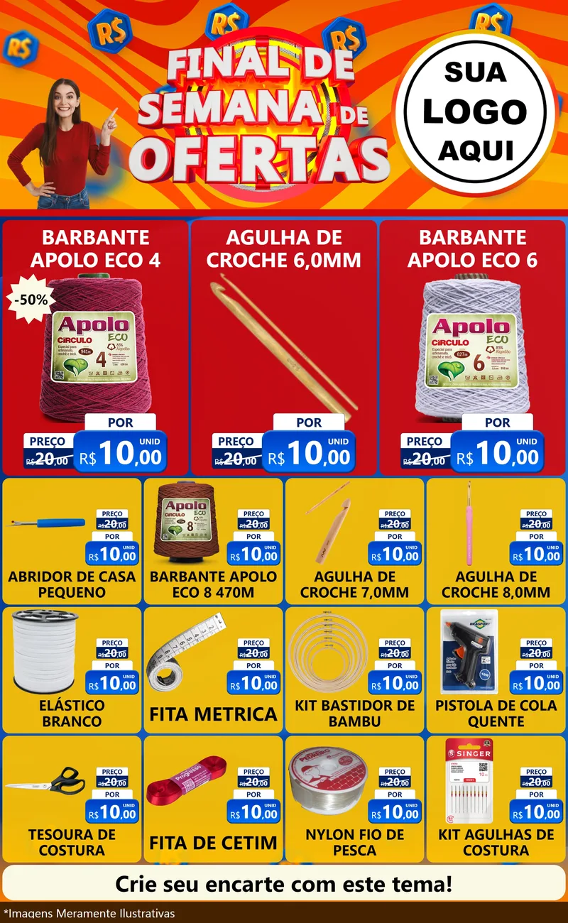 Modelo de Encarte para Encarte Grande com o tema Final de Semana de Ofertas para Armarinho e Aviamentos