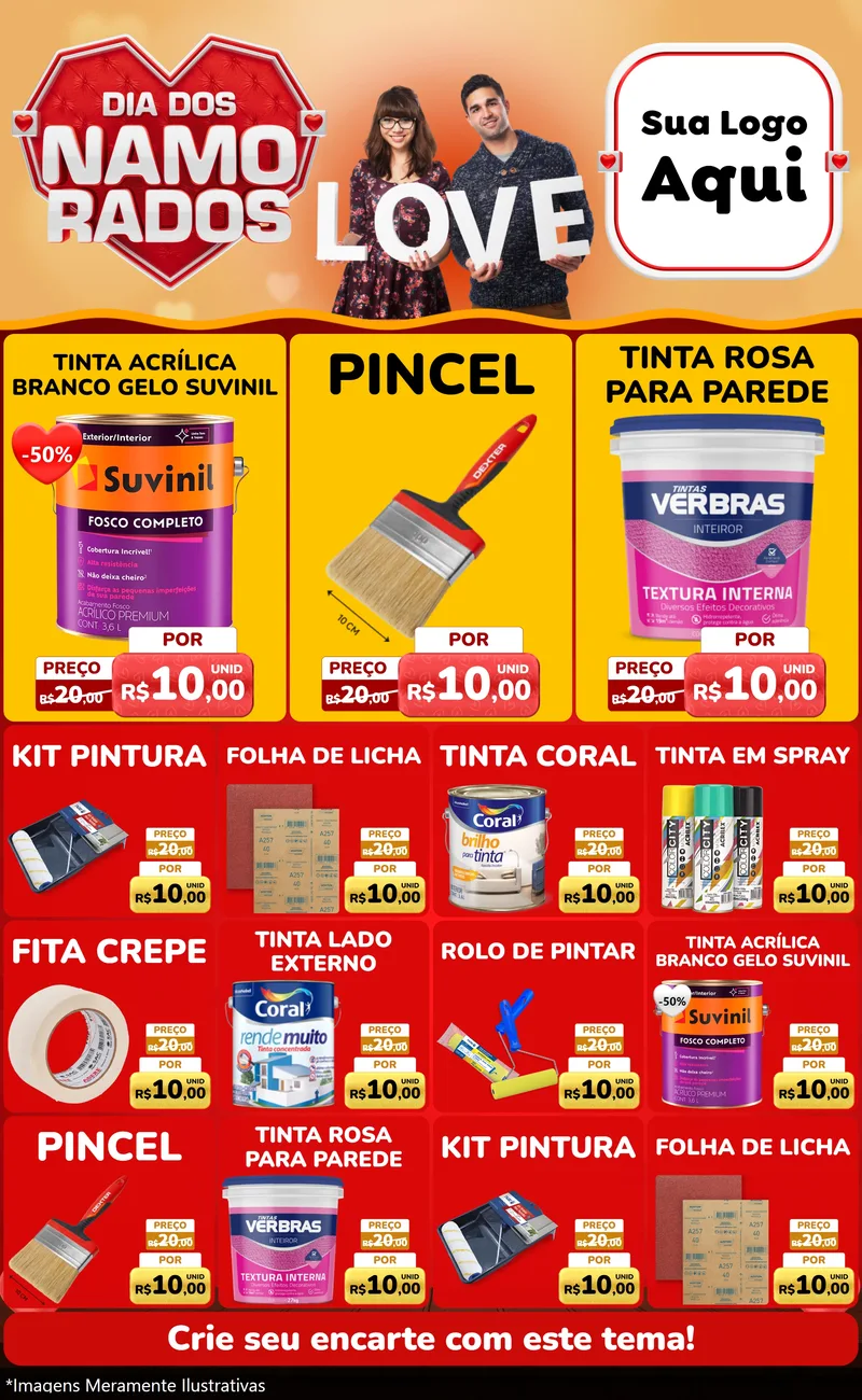 Modelo de Encarte para Encarte Grande com o tema Dia dos Namorados para Tintas e Ferramentas