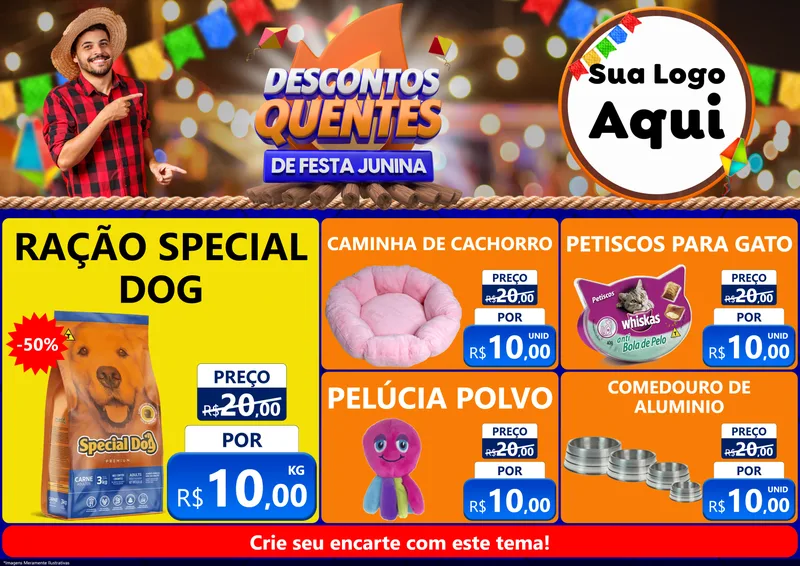 Modelo de Encarte para Encarte A4 Horizontal com o tema Descontos Quentes de Festa Junina para Pet Shop