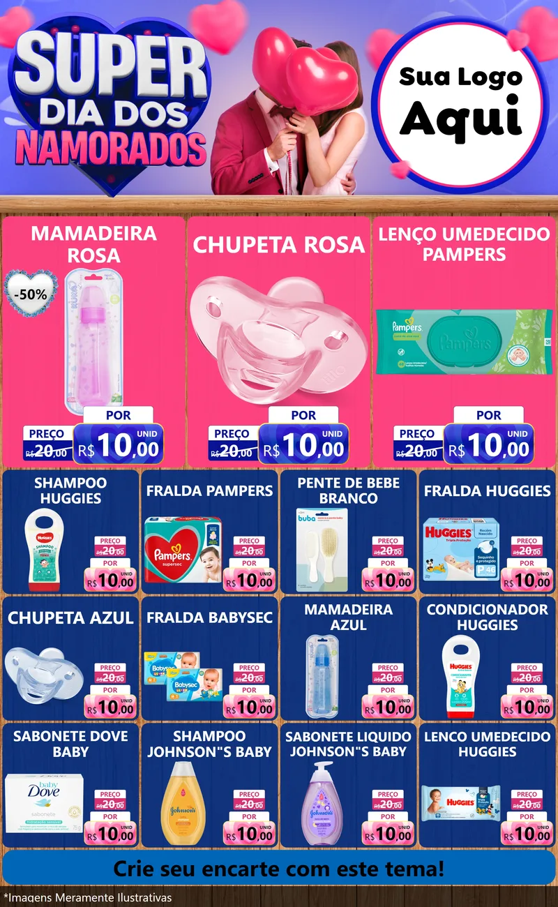Modelo de Encarte para Encarte Grande com o tema Super Dia dos Namorados para Bebês