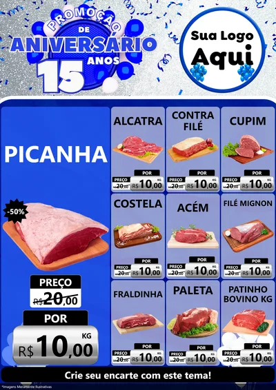 Modelo de Encarte para Encarte A4 Vertical com o tema Promoção de Aniversário - 15 Anos para Açougue