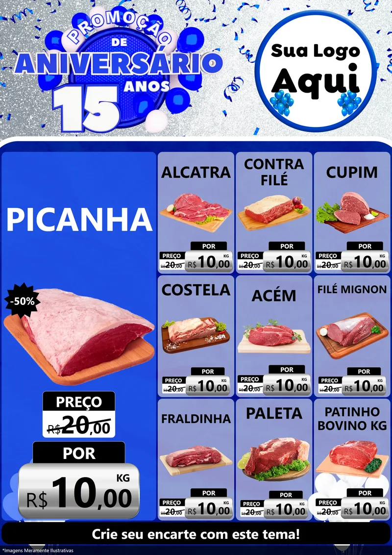 Modelo de Encarte para Encarte A4 Vertical com o tema Promoção de Aniversário - 15 Anos para Açougue