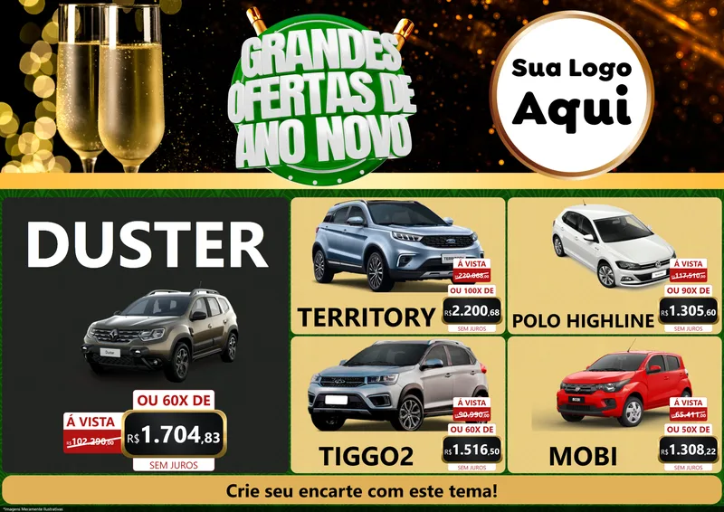 Modelo de Encarte para Encarte A4 Horizontal com o tema Grandes Ofertas de Ano Novo para Concessionaria de Carros