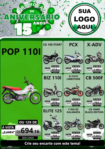Modelo de Encarte para Encarte A4 Vertical com o tema Promoção de Aniversário - 15 Anos para Concessionaria de Motos