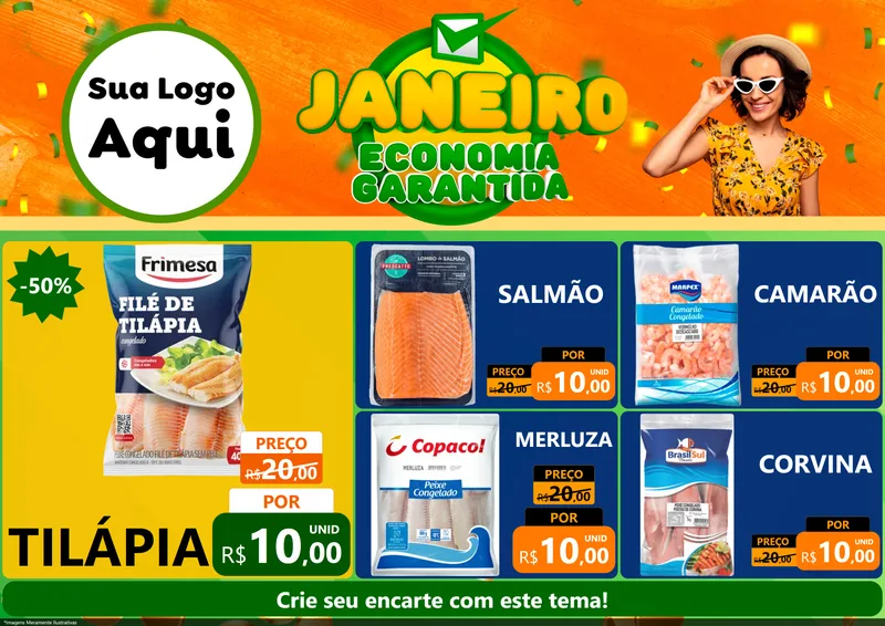 Modelo de Encarte para Encarte A4 Horizontal com o tema Janeiro - Economia Garantida para Peixaria