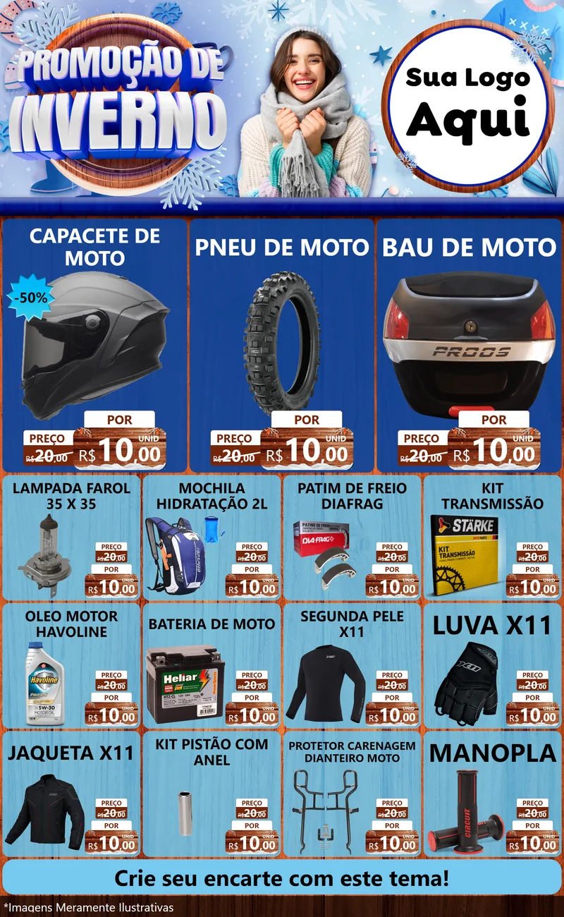 Modelo de Encarte para Encarte Grande com o tema Promoção de Inverno para Moto peças