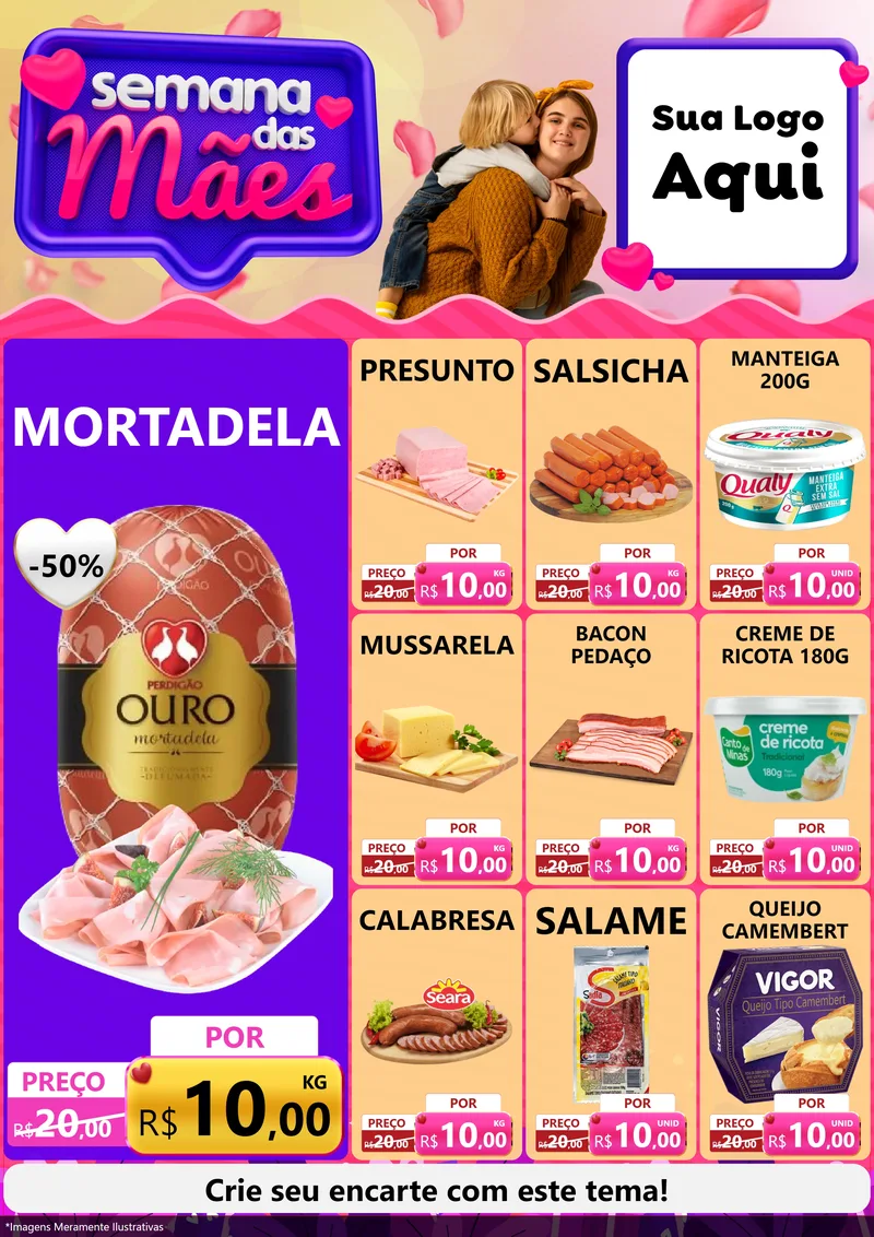 Modelo de Encarte para Encarte A4 Vertical com o tema Semana das Mães para Frios e Laticínios