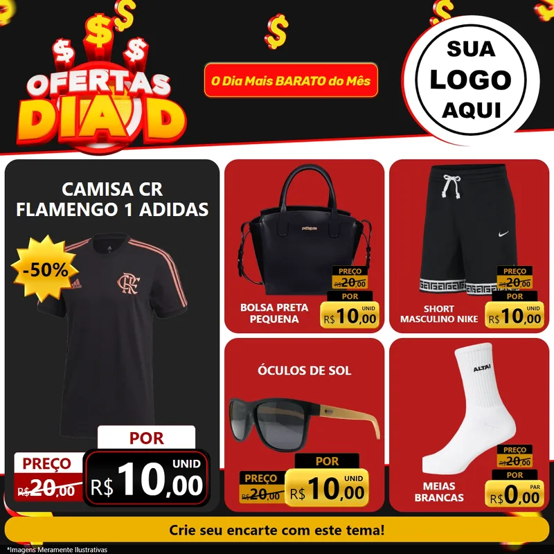 Modelo de Rede Social para Feed Facebook com o tema Ofertas Dia D para Roupas e acessórios