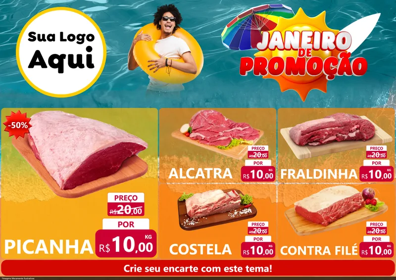 Modelo de Encarte para Encarte A4 Horizontal com o tema Janeiro de Promoção para Açougue