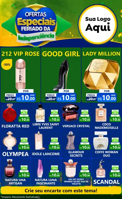 Modelo de Encarte para Encarte Grande com o tema Ofertas Especiais Feriado da Independência para Perfumes