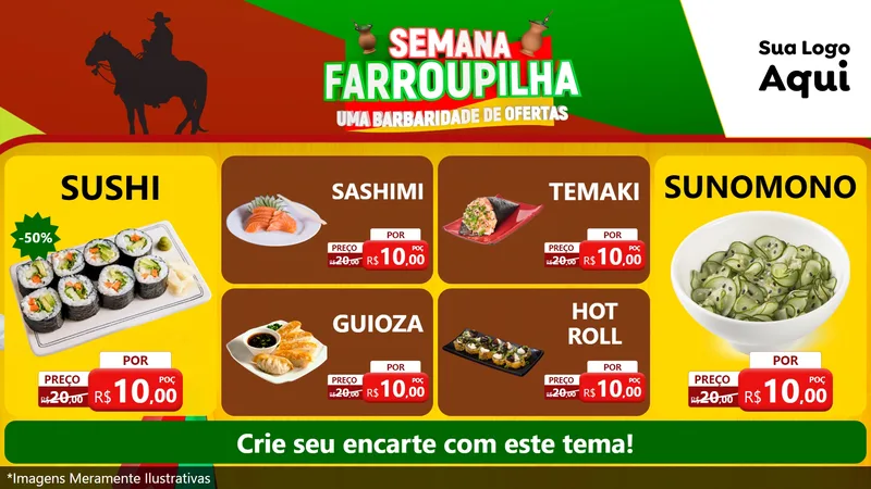Modelo de TV para TV Horizontal com o tema Semana Farroupilha - Uma Barbaridade de Ofertas para Comida japonesa